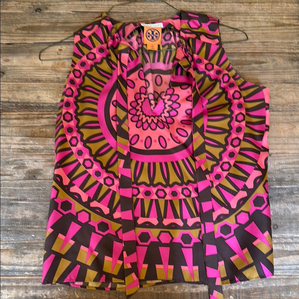 Tory Burch Pink and Black Graphic Tie Front Blouse